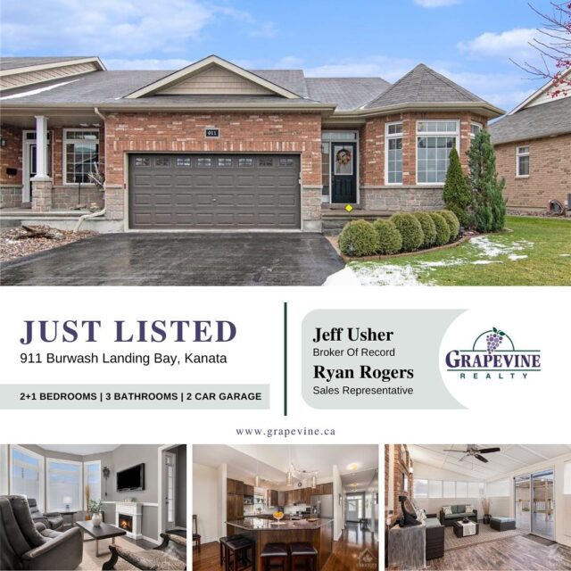 #JustListed 911 Burwash Landing Bay, in Kanata. 

This is the home you’ve been waiting for! A beautiful & rare adult lifestyle semi detached bungalow, on a highly desirable cul-de-sac! This perfect open concept layout includes 1+1 beds, additional lower level den, 3 full baths & 2 car garage. Many tasteful features make this home so enticing including rich hardwood floors & cabinetry, vaulted ceiling, electric fireplace & beautiful granite kitchen counters. The main floor primary bedroom is spacious & offers a walk-through closet to the 5pc ensuite. The front bedroom has been converted into a sun filled secondary living room. The professionally finished basement includes a large rec room, 2nd bedroom w/ walk-in closet, full bathroom, bonus room & loads of storage. This home is wonderful for entertaining on the inside & out! Enjoy the relaxing 3 season solarium which flows effortless out to the deck overlooking the beautiful large yard. The exterior of the home shines w/ lush gardens, newer fence, irrigation system & shed. A must see!

MLS® NUMBER: 1323308

Reach out today for more information or to book a private showing!
Grapevine Realty
📱613.829.1000

#GrapevineRealty #SellBuySave #SellWithJeff #SellBuySave #FreshOffTheVine #KanataProperties #RealEstateRedefined #ReadyToBePicked #OttawaRealEstate #Ottawa #LiveOnMLS #Selling #ForSale #NewListing #Kanata #KanataNorth #Grapevine #RealEstate #Realtor #OttawaRealtor #OttawaRealEstateMarket #OttawaProperties #LocallyOwned #LocallyOperated #StittsvilleBusiness